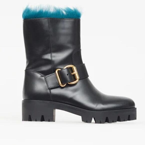 Prada Milano Blue Fur Leather Moto Boots Combat Boots Size 7 - Picture 1 of 16